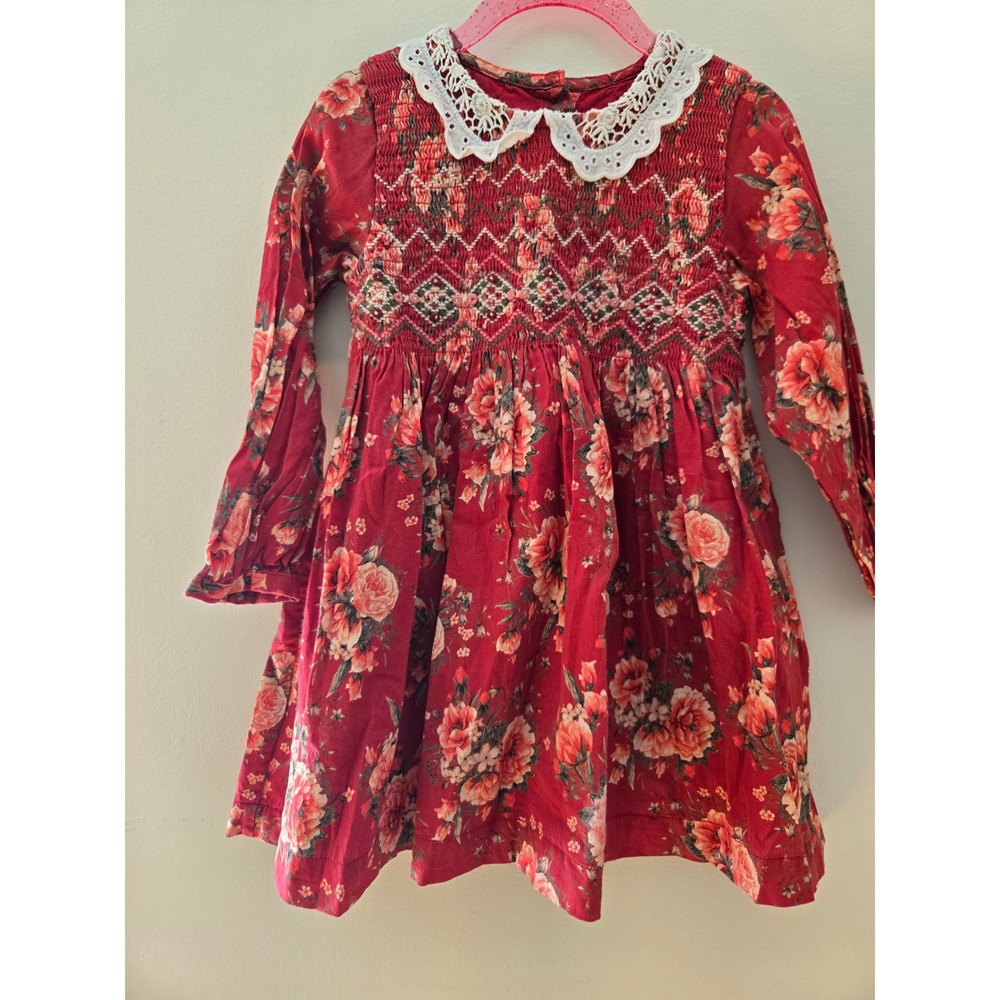 Next Kids Red Floral Smocked Dress Lace Collar Long Sleeve Cotton 2-3 Years